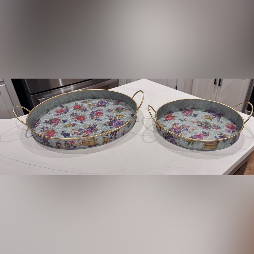 Floral Metal Serving Trays with Gold Handles